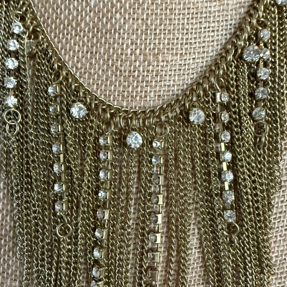 Antiqued Gold Tone Fringe & Rhinestone Vintage Necklace - Picture 5 of 6